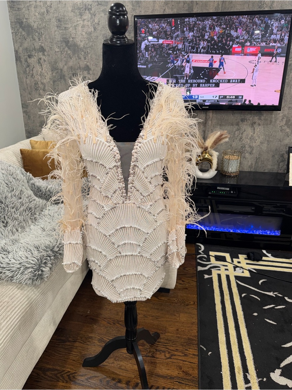 Beaded Feather Trim Ivory Mini Dress